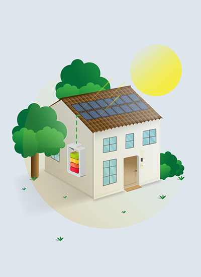 illustration maison panneaux solaires et batterie